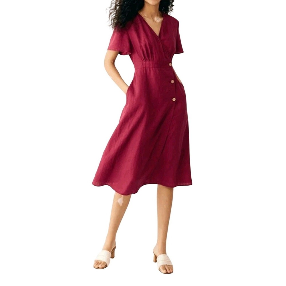Grae Cove Red Pink 100% Linen Wrap Midi Dress Flutter Sleeve XL Wood Buttons NWT